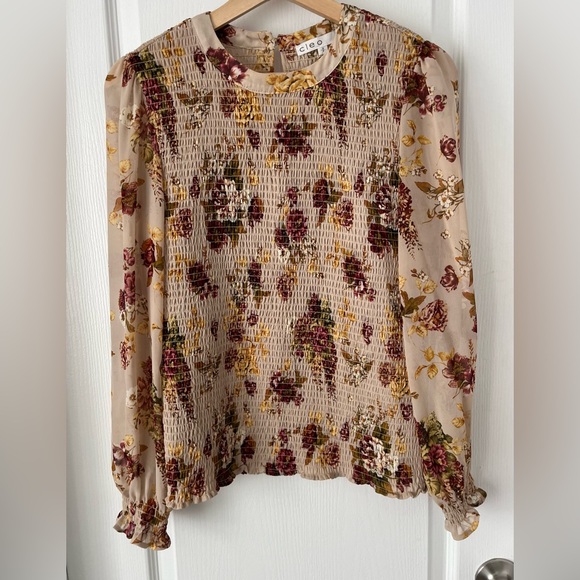 CLEO-Floral Smocked Blouse | Long Sleeve Sheer Boho Top | Size Small - Picture 2 of 14